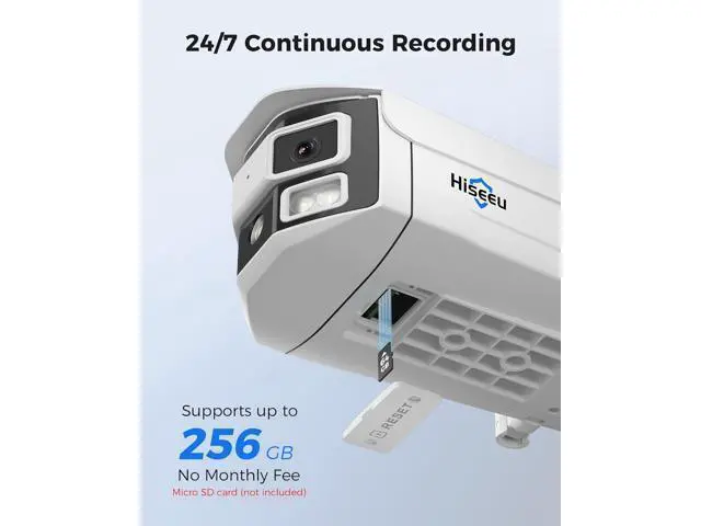 Alt view image 3 of 7 - Hiseeu WiFi Pro 4MP Dual Lens Surveillance Camera, 180-Degree Ultra Wide Angle, 5GHz/2.4GHz, Black Light Color Night Vision, 2-Way Audio, Outdoor IP66, 24/7 Recording Support