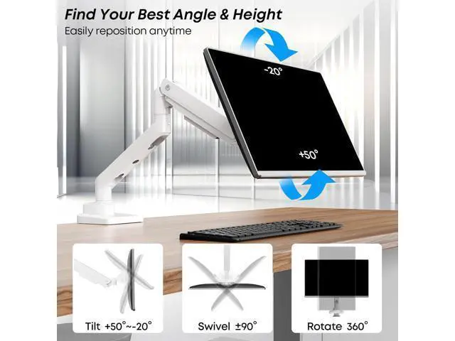 Alt view image 3 of 7 - Premium Heavy Duty Monitor Arm for 17 to 49 inch Screens up to 44lbs, Fully Adjustable Ultrawide Single Clamp-on Desk Mount Stand, VESA 75x75/100x100mm (White)