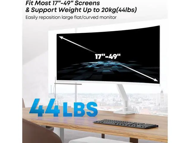 Alt view image 2 of 7 - Premium Heavy Duty Monitor Arm for 17 to 49 inch Screens up to 44lbs, Fully Adjustable Ultrawide Single Clamp-on Desk Mount Stand, VESA 75x75/100x100mm (White)