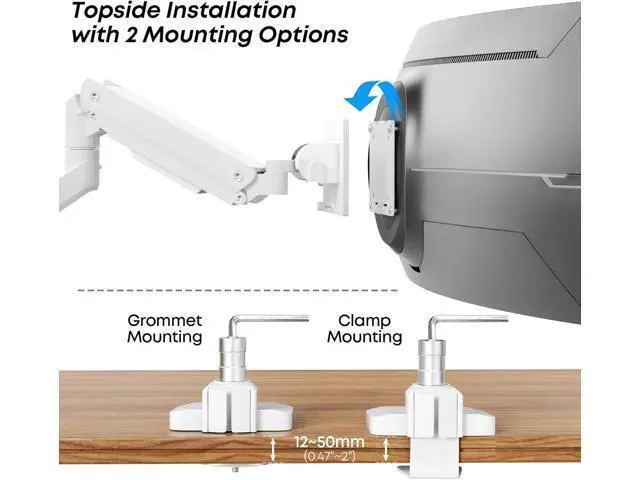 Alt view image 6 of 7 - Premium Heavy Duty Monitor Arm for 17 to 49 inch Screens up to 44lbs, Fully Adjustable Ultrawide Single Clamp-on Desk Mount Stand, VESA 75x75/100x100mm (White)