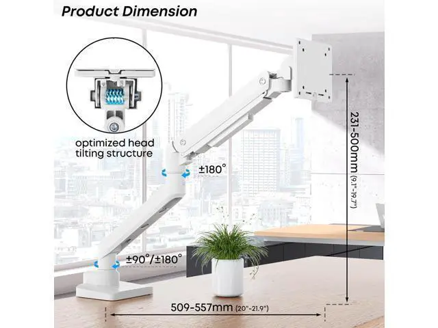 Alt view image 7 of 7 - Premium Heavy Duty Monitor Arm for 17 to 49 inch Screens up to 44lbs, Fully Adjustable Ultrawide Single Clamp-on Desk Mount Stand, VESA 75x75/100x100mm (White)