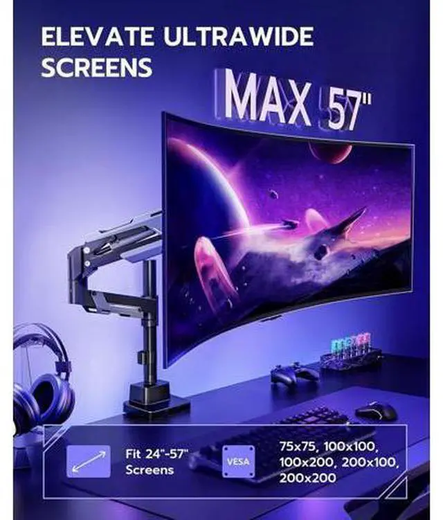 Alt view image 3 of 7 - ARES WING CoreArm Single Monitor Mount, Ultrawide Monitor Arm for 24 to 57'' Heavy Duty Curved Screen, Adjustable Gas Spring Monitors Arm Stand up to 66LBS with 75/100/200 Vesa Mount, Black