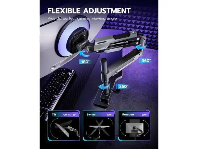 Alt view image 5 of 7 - ARES WING CoreArm Single Monitor Mount, Ultrawide Monitor Arm for 24 to 57'' Heavy Duty Curved Screen, Adjustable Gas Spring Monitors Arm Stand up to 66LBS with 75/100/200 Vesa Mount, Black
