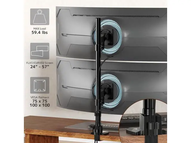 Alt view image 4 of 7 - Dual Monitor-Arm Ultrawide Heavy Duty - 24-57 inch Vertical Dual Monitor Mount, Adjustable Stacked Double Monitor Desk Mount Stand, Max Load 59.4 lbs (per Screen), VESA 75 100 mm, Black