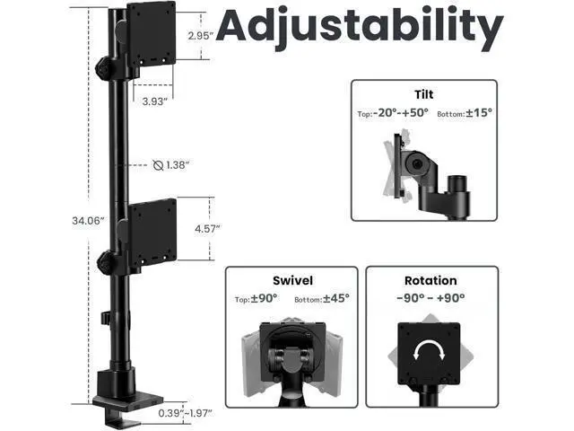 Alt view image 6 of 7 - Dual Monitor-Arm Ultrawide Heavy Duty - 24-57 inch Vertical Dual Monitor Mount, Adjustable Stacked Double Monitor Desk Mount Stand, Max Load 59.4 lbs (per Screen), VESA 75 100 mm, Black