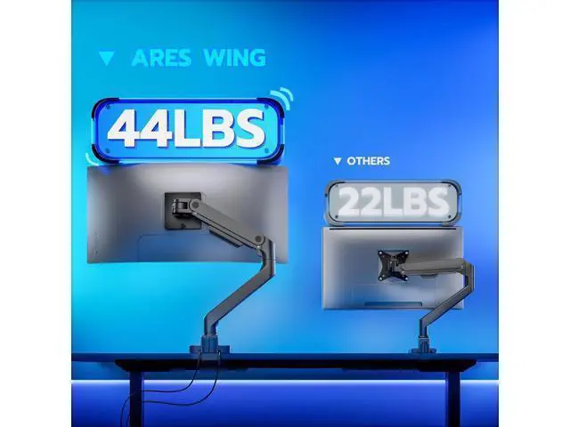 Alt view image 2 of 7 - ARES WING Ultrawide Monitor Arm with USB A/C, for 17 to 49 inch Heavy Duty Screen, Holds 44 lbs, Adjustable Gas Spring Arm Desk Mount with Clamp and Grommet Base, Black