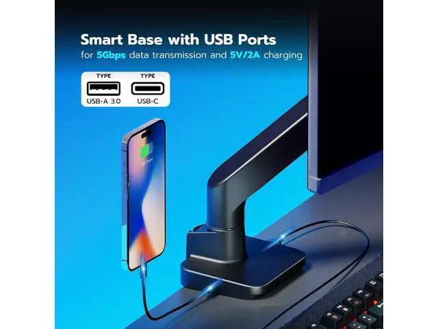 Alt view image 5 of 7 - ARES WING Ultrawide Monitor Arm with USB A/C, for 17 to 49 inch Heavy Duty Screen, Holds 44 lbs, Adjustable Gas Spring Arm Desk Mount with Clamp and Grommet Base, Black