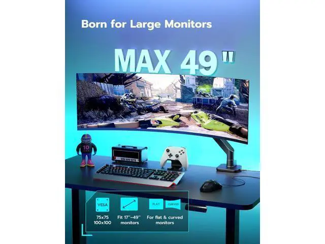 Alt view image 3 of 7 - ARES WING Ultrawide Monitor Arm with USB A/C, for 17 to 49 inch Heavy Duty Screen, Holds 44 lbs, Adjustable Gas Spring Arm Desk Mount with Clamp and Grommet Base, Black