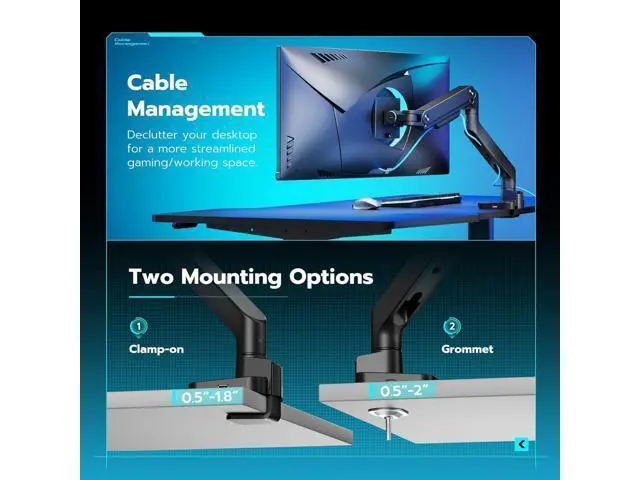 Alt view image 7 of 7 - ARES WING Ultrawide Monitor Arm with USB A/C, for 17 to 49 inch Heavy Duty Screen, Holds 44 lbs, Adjustable Gas Spring Arm Desk Mount with Clamp and Grommet Base, Black
