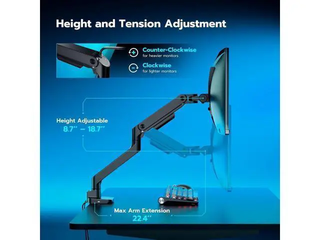Alt view image 6 of 7 - ARES WING Ultrawide Monitor Arm with USB A/C, for 17 to 49 inch Heavy Duty Screen, Holds 44 lbs, Adjustable Gas Spring Arm Desk Mount with Clamp and Grommet Base, Black