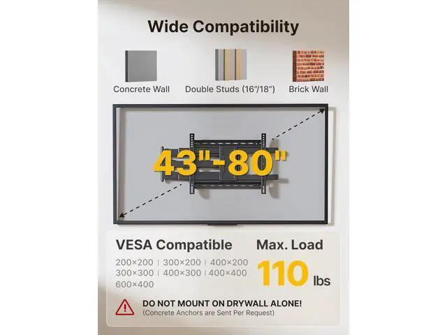 Alt view image 2 of 7 - monTEK Long Arm TV Wall Mount for Most 43-80 Inch TVs, 42 Inch Long Extension TV Mount Swivel and Tilt, Full Motion Wall Mount Tv Bracket Fit Max VESA 600 x 400mm, Up to 110 lbs, 16,18 Studs