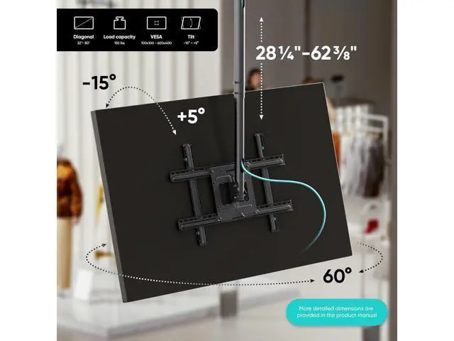 Alt view image 2 of 7 - ONKRON Ceiling TV Mount for 32-80 Inch Screen up to 150 lbs, Height Adjustable Hanging TV Mount with Swivel and Tilt, VESA 100x100-600x400, Full Motion Ceiling Mount TV Bracket Drop Down, Black