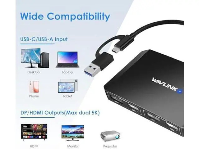 Alt view image 5 of 5 - WAVLINK USB C and USB 3.0 to Dual 4K DisplayPort/HDMI Adapter, Displaylink Monitor Splitter Extended Display for Dual Monitor 4K@60Hz, HDMI/DP Splitter Compatible with Mac M1-M4,Window Laptop-Black