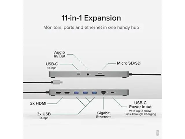 Alt view image 2 of 5 - Plugable 11-in-1 USB-C Hub, 100W USB-C Pass-Through, Laptop Docking Station Dual Monitor, 4K 60Hz HDMI, Compatible with Thunderbolt, Windows, Chromebooks, Displays Mirrored on Mac