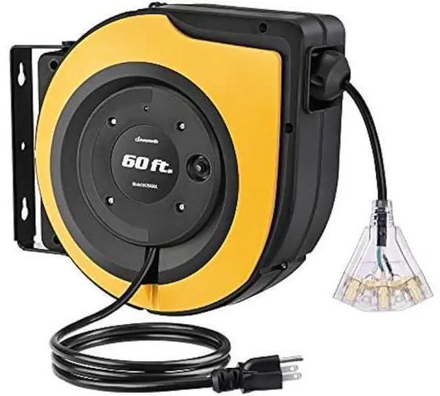 Main image of DEWENWILS Retractable Cord Reel, 60 FT Heavy Duty Extension Cord, 12AWG/3C SJTOW, 3 Grounded Outlets Lighted Triple Tap, 15A Circuit Breaker, Wall/Ceiling Mounted for Garage and Workshop, UL Listed