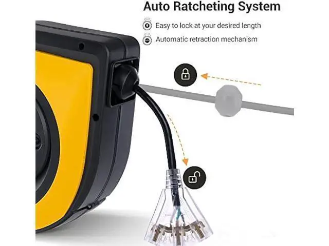 Alt view image 2 of 7 - DEWENWILS Retractable Cord Reel, 60 FT Heavy Duty Extension Cord, 12AWG/3C SJTOW, 3 Grounded Outlets Lighted Triple Tap, 15A Circuit Breaker, Wall/Ceiling Mounted for Garage and Workshop, UL Listed