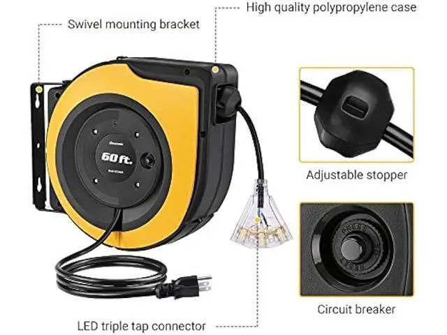 Alt view image 5 of 7 - DEWENWILS Retractable Cord Reel, 60 FT Heavy Duty Extension Cord, 12AWG/3C SJTOW, 3 Grounded Outlets Lighted Triple Tap, 15A Circuit Breaker, Wall/Ceiling Mounted for Garage and Workshop, UL Listed