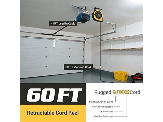 Alt view image 3 of 7 - DEWENWILS Retractable Cord Reel, 60 FT Heavy Duty Extension Cord, 12AWG/3C SJTOW, 3 Grounded Outlets Lighted Triple Tap, 15A Circuit Breaker, Wall/Ceiling Mounted for Garage and Workshop, UL Listed