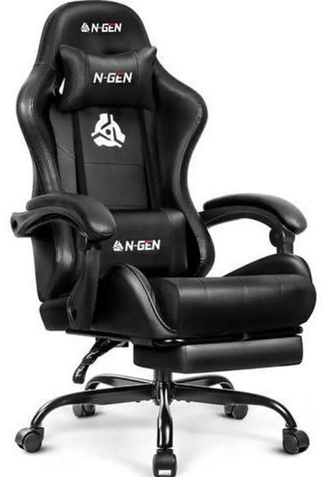 Main image of N-GEN GAMING Video Ergonomic Chair with Footrest Lumbar Support for Home Office High Back Recliner Height Adjustable Ergonomic Comfy Leather Computer Desk Chair (Black)