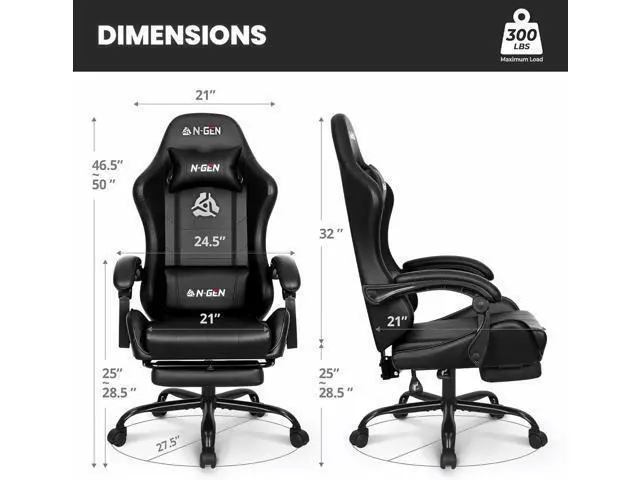 Alt view image 3 of 7 - N-GEN GAMING Video Ergonomic Chair with Footrest Lumbar Support for Home Office High Back Recliner Height Adjustable Ergonomic Comfy Leather Computer Desk Chair (Black)