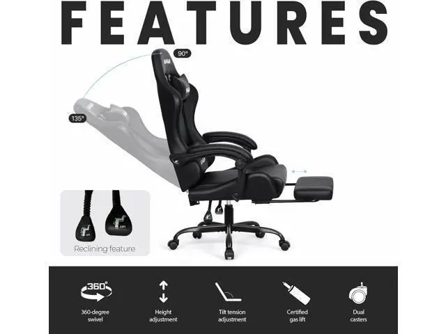 Alt view image 5 of 7 - N-GEN GAMING Video Ergonomic Chair with Footrest Lumbar Support for Home Office High Back Recliner Height Adjustable Ergonomic Comfy Leather Computer Desk Chair (Black)