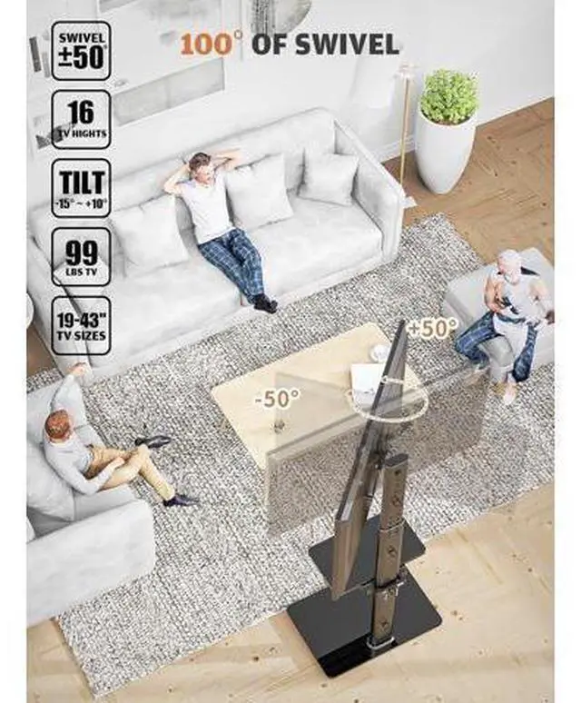 Alt view image 2 of 7 - Universal Floor TV Stand with Mount for 19 to 43 inch Flat Screen TV, 100 Degree Swivel,Adjustable Height and Tilt Function, 2 Shelves Space Saving Standing TV Mount for Bedroom Living Room Corner