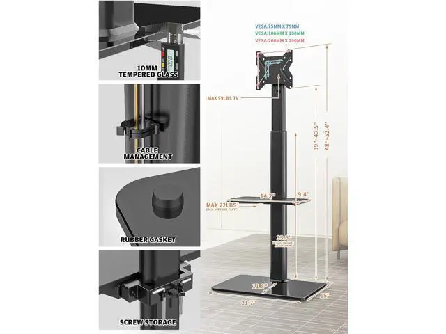 Alt view image 6 of 7 - Universal Floor TV Stand with Mount for 19 to 43 inch Flat Screen TV, 100 Degree Swivel,Adjustable Height and Tilt Function, 2 Shelves Space Saving Standing TV Mount for Bedroom Living Room Corner