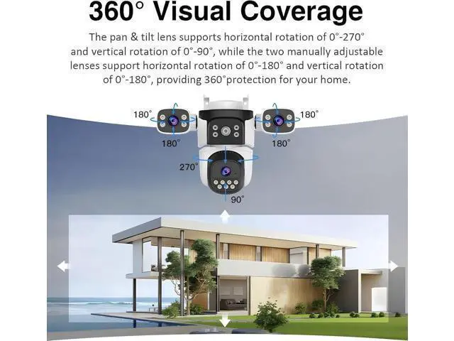 Alt view image 4 of 7 - EVERSECU Triple Lens WiFi PTZ Security Camera, Three Cameras in One, Side Cameras with Adjustable All-Angle Arm, 2K 360° View No Blind Spot, Auto Tracking, Spotlight, 2 Way Audio