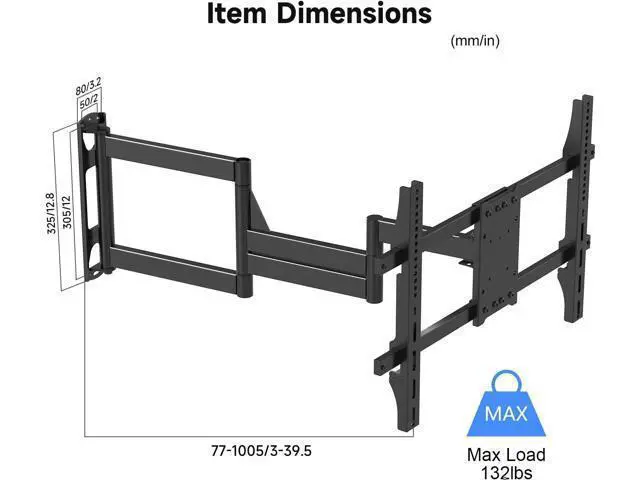Alt view image 7 of 7 - Suptek 40" Full Motion TV Mount for 32-82" TVs, 132 lbs max, VESA 600x400mm. Swivel, tilt & Corner fit. Heavy Duty for LED/OLED/QLED. Model MA1078L
