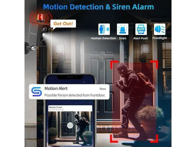 Alt view image 4 of 6 - Septekon 2K Security Cameras Wireless Outdoor 4 Pack, Solar Battery Powered Camera with Two Spotlights, PIR Motion Detection Siren, Color Night Vision, 2-Way Audio, IP66 Waterpoof