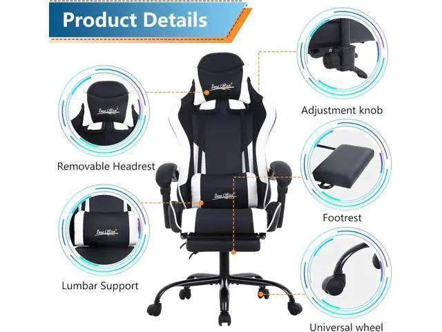 Alt view image 6 of 7 - PayLessHere Ergonomic Racing Desk Chair Computer Chair Ergonomic Chair with Footrest Lumbar Support Headrest Armrest Task Rolling Swivel Ergonomic E-Sports Adjustable PC Ergonomic Chair, White