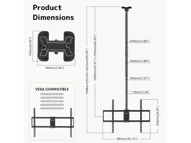 Alt view image 6 of 7 - Ceiling TV Mount for 50-100 Inch Flat & Curved TVs up to 176lbs, Full Motion 360° Rotation TV Bracket with Adjustable Height, Tilt & Swivel, Max VESA 800x600mm, Fits LCD LED OLED 4K Screens, Black