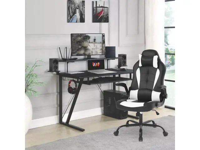 Alt view image 2 of 7 - Ergonomic Chair Racing Computer Chair PU Leather Ergonomic Chair Desk Chair with Lumbar Support Flip Up Arms Headrest High Back Swivel Rolling Adjustable Ergonomic Office Chair, White