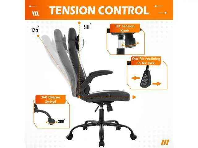 Alt view image 4 of 7 - Ergonomic Chair Racing Computer Chair PU Leather Ergonomic Chair Desk Chair with Lumbar Support Flip Up Arms Headrest High Back Swivel Rolling Adjustable Ergonomic Office Chair, White
