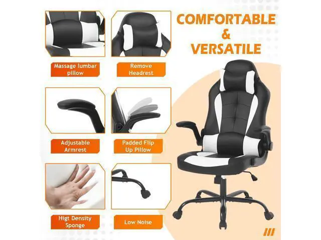 Alt view image 5 of 7 - Ergonomic Chair Racing Computer Chair PU Leather Ergonomic Chair Desk Chair with Lumbar Support Flip Up Arms Headrest High Back Swivel Rolling Adjustable Ergonomic Office Chair, White