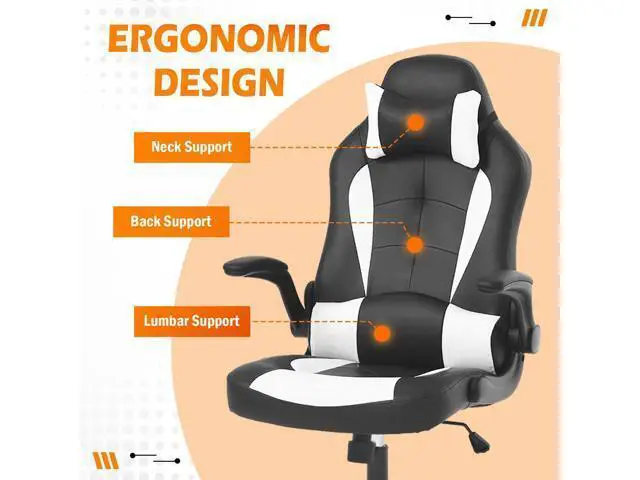 Alt view image 6 of 7 - Ergonomic Chair Racing Computer Chair PU Leather Ergonomic Chair Desk Chair with Lumbar Support Flip Up Arms Headrest High Back Swivel Rolling Adjustable Ergonomic Office Chair, White