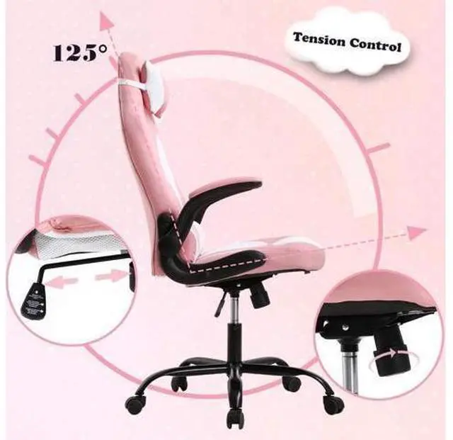 Alt view image 5 of 7 - Ergonomic Chair Office Chair Desk Chair Ergonomic High Back Computer Chair with Lumbar Support Flip-up Arms Headrest PU Leather Swivel Task Chair for Women Men Adult, Pink