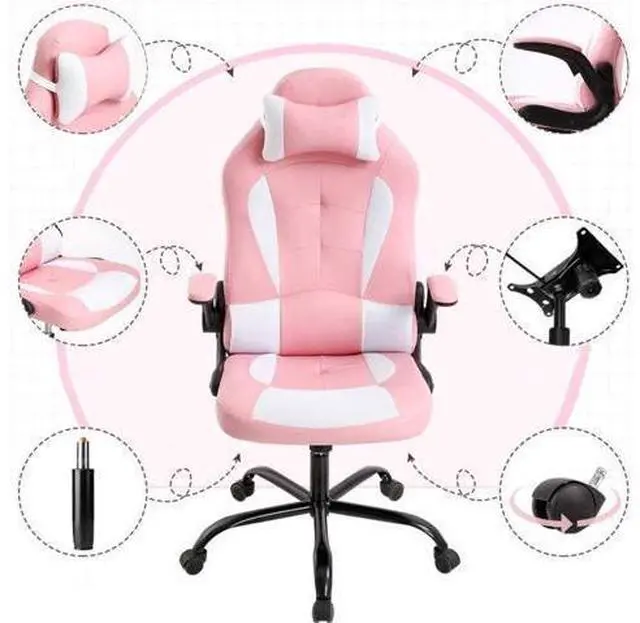 Alt view image 4 of 7 - Ergonomic Chair Office Chair Desk Chair Ergonomic High Back Computer Chair with Lumbar Support Flip-up Arms Headrest PU Leather Swivel Task Chair for Women Men Adult, Pink
