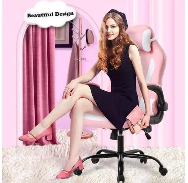 Alt view image 6 of 7 - Ergonomic Chair Office Chair Desk Chair Ergonomic High Back Computer Chair with Lumbar Support Flip-up Arms Headrest PU Leather Swivel Task Chair for Women Men Adult, Pink