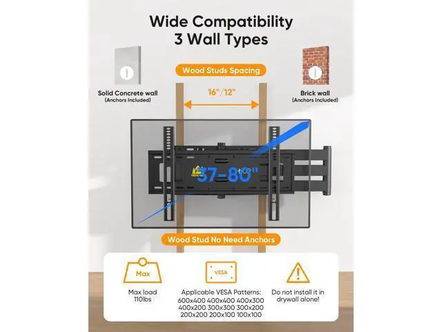Alt view image 2 of 7 - FORGING MOUNT Long Arm TV Wall Mount for 42-80 inch TVs, 43" Extension Full Motion TV Mount with Articulating Arm Swivel,Tilt and Level Adjustment, MAX VESA 600x400mm, Holds up to 110 lbs