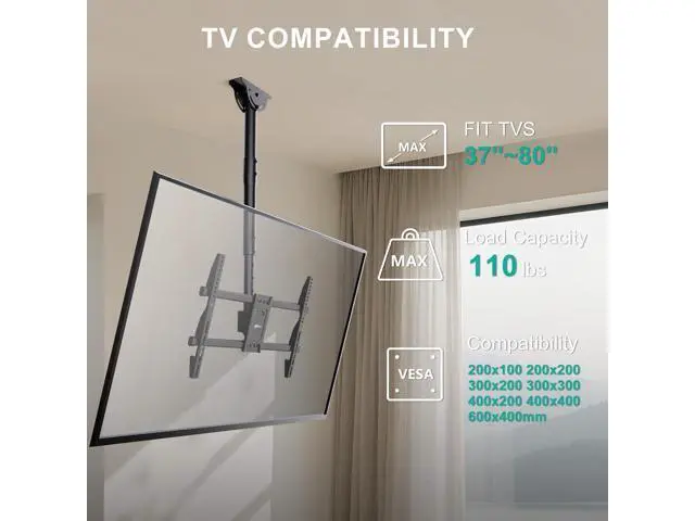 Alt view image 2 of 7 - WALI Ceiling TV Mount for Most 37 to 80 inch Flat Screen Display, Hanging TV Mount Bracket with Swivel, Tilt Fits LED, LCD, OLED 4K TVs up to 110lbs, Max Mounting Holes 600x400mm (CM3770), Black