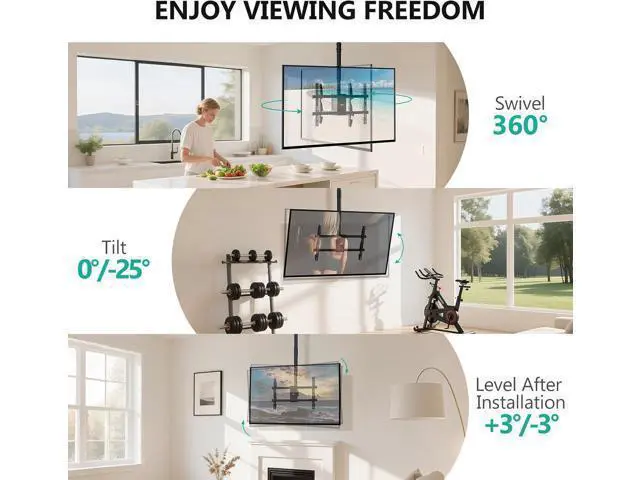 Alt view image 4 of 7 - WALI Ceiling TV Mount for Most 37 to 80 inch Flat Screen Display, Hanging TV Mount Bracket with Swivel, Tilt Fits LED, LCD, OLED 4K TVs up to 110lbs, Max Mounting Holes 600x400mm (CM3770), Black