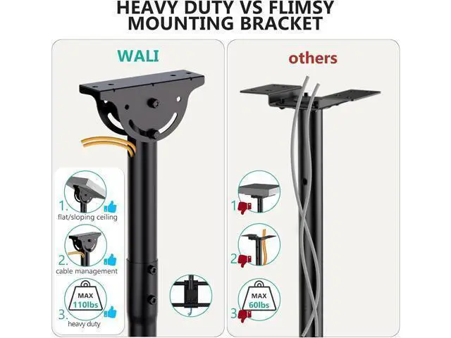 Alt view image 7 of 7 - WALI Ceiling TV Mount for Most 37 to 80 inch Flat Screen Display, Hanging TV Mount Bracket with Swivel, Tilt Fits LED, LCD, OLED 4K TVs up to 110lbs, Max Mounting Holes 600x400mm (CM3770), Black