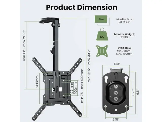 Alt view image 6 of 7 - Ceiling TV-Mount Flip Down Folding - 23-55'' Manual Drop Down TV Mount, Fits Flat and Pitched Roof, Height Adjustable, Swivel, Max Load 44 lbs, Max VESA 400x400 mm, Black