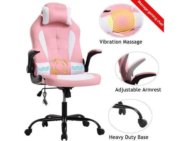 Alt view image 3 of 7 - Ergonomic Gaming Office Chair - High Back Executive Computer Chair with Lumbar Support & Flip-Up Arms, PU Leather Adjustable Swivel Chair for Women/Men, Height Adjustable Massage Desk Chair (Pink)