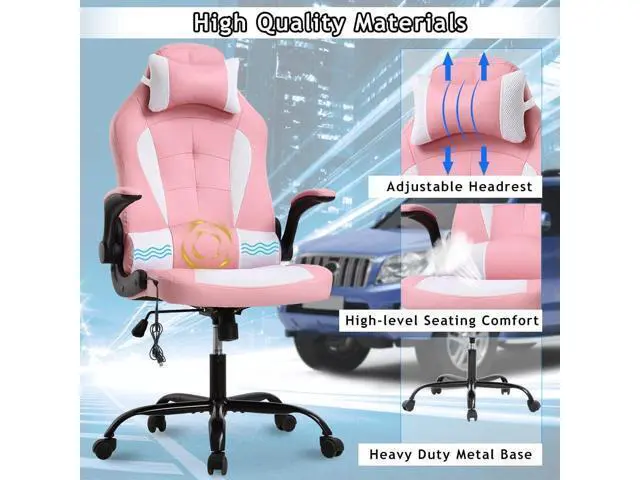 Alt view image 4 of 7 - Ergonomic Gaming Office Chair - High Back Executive Computer Chair with Lumbar Support & Flip-Up Arms, PU Leather Adjustable Swivel Chair for Women/Men, Height Adjustable Massage Desk Chair (Pink)