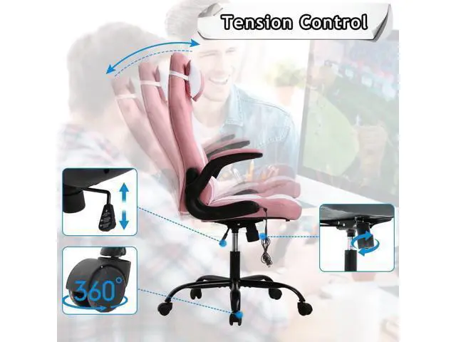 Alt view image 6 of 7 - Ergonomic Gaming Office Chair - High Back Executive Computer Chair with Lumbar Support & Flip-Up Arms, PU Leather Adjustable Swivel Chair for Women/Men, Height Adjustable Massage Desk Chair (Pink)
