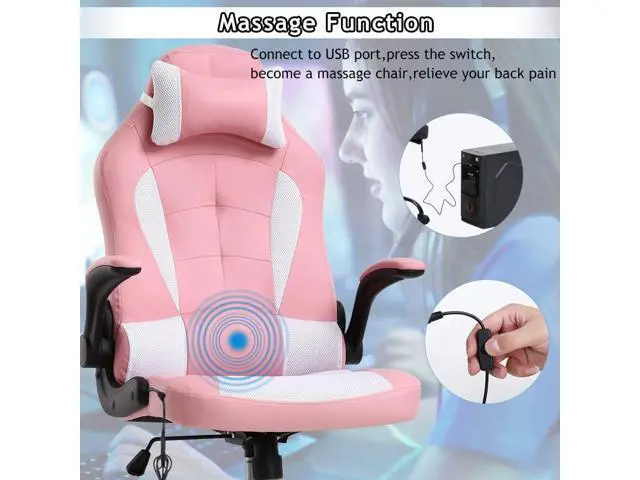 Alt view image 5 of 7 - Ergonomic Gaming Office Chair - High Back Executive Computer Chair with Lumbar Support & Flip-Up Arms, PU Leather Adjustable Swivel Chair for Women/Men, Height Adjustable Massage Desk Chair (Pink)