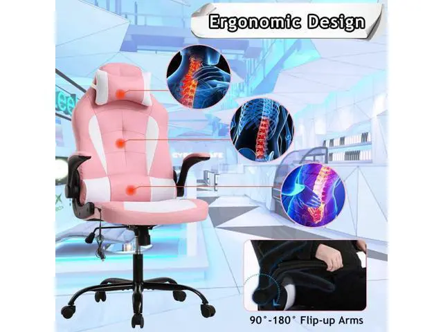 Alt view image 7 of 7 - Ergonomic Gaming Office Chair - High Back Executive Computer Chair with Lumbar Support & Flip-Up Arms, PU Leather Adjustable Swivel Chair for Women/Men, Height Adjustable Massage Desk Chair (Pink)