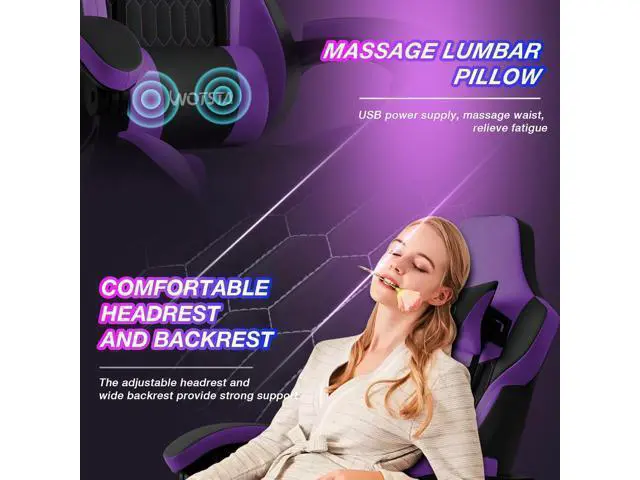 Alt view image 6 of 7 - Ergonomic Chair with Footrest, High Back Ergonomic Chairs PVC Leather Ergonomic Chair with Adjustable Headrest Lumbar Support Racing Style Video Ergonomic Chair for Office/Home (Purple)